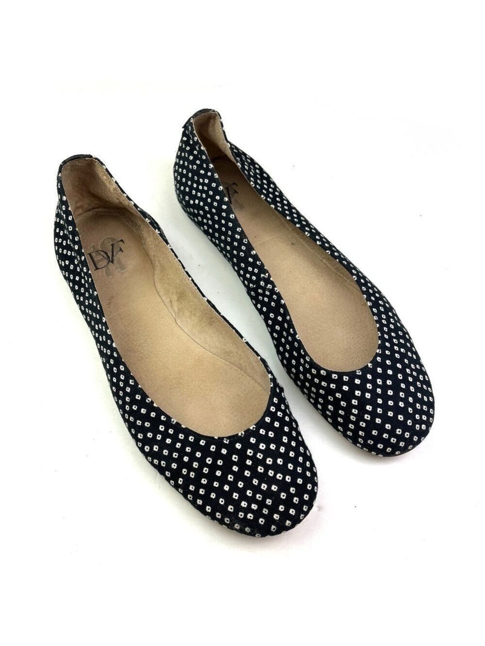 Diane Von Furstenberg Abby Black White Polka Dot Canvas Ballet Flats size 10